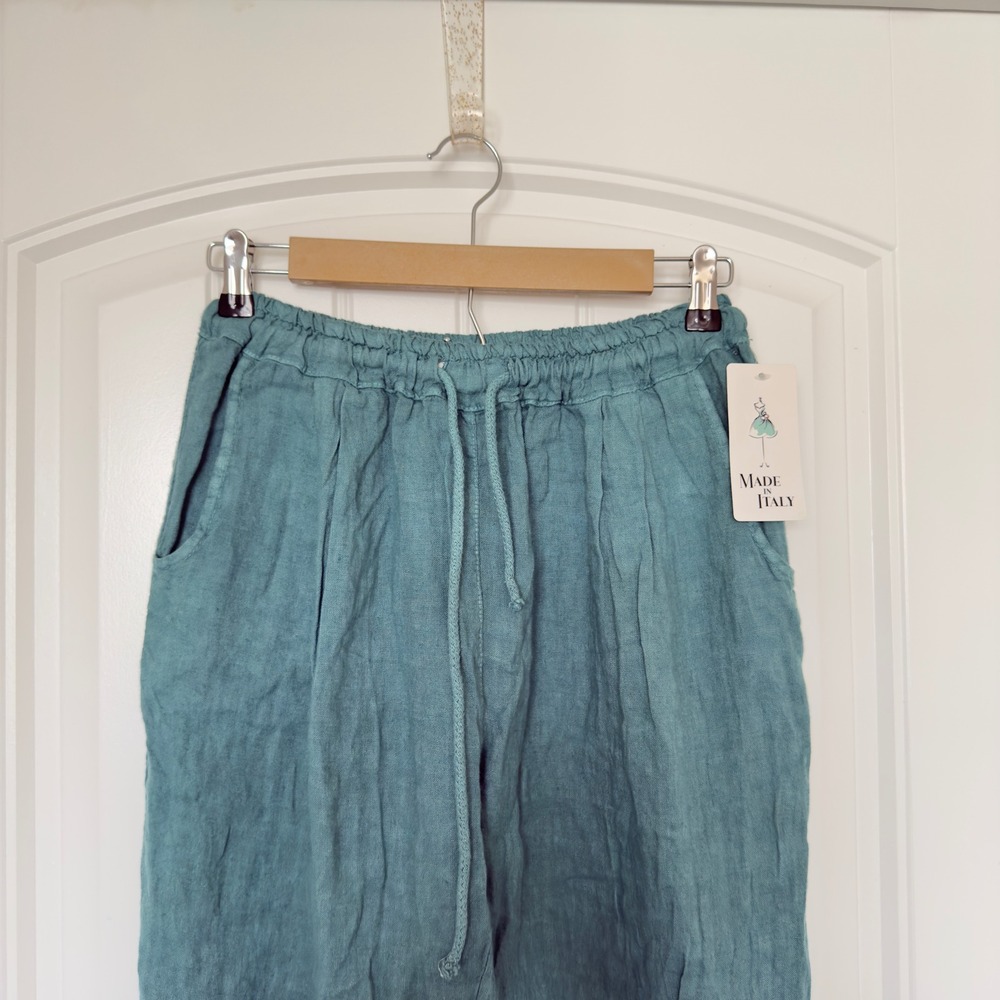 New Made In Italy Women’s Green Small Elastic Waist Pull On Pants Lagenlook Boho - Picture 3 of 6